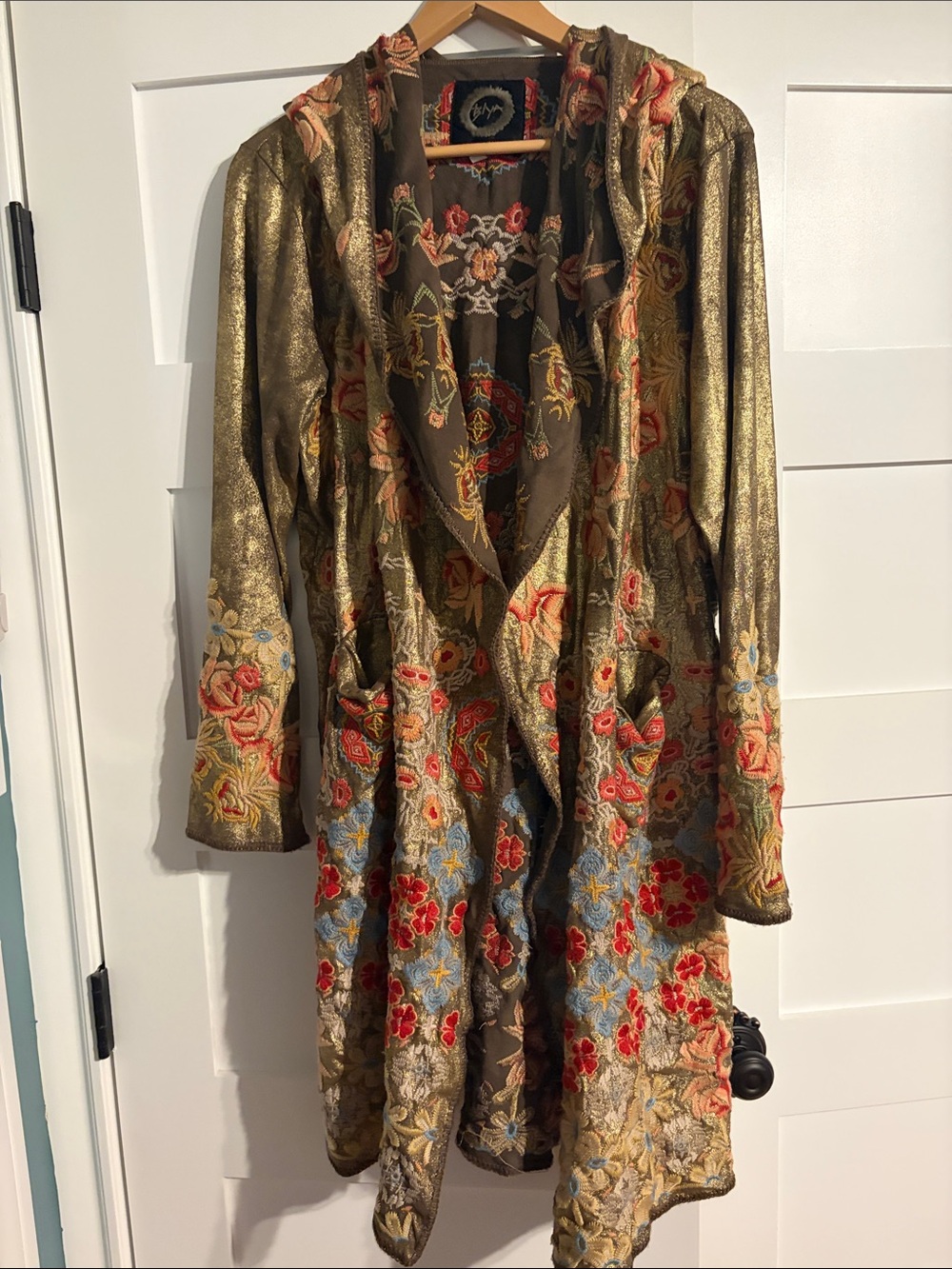 Johnny Was Metallic Gold Floral Embroidered Hooded Duster